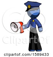 Blue Police Man Holding Megaphone Bullhorn Facing Right