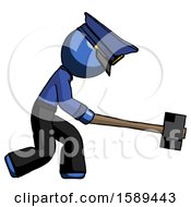 Poster, Art Print Of Blue Police Man Hitting With Sledgehammer Or Smashing Something