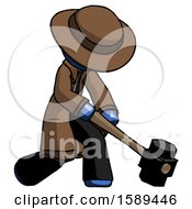Poster, Art Print Of Blue Detective Man Hitting With Sledgehammer Or Smashing Something At Angle