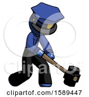 Poster, Art Print Of Blue Police Man Hitting With Sledgehammer Or Smashing Something At Angle