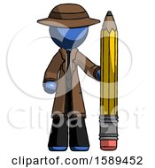 Blue Detective Man With Large Pencil Standing Ready To Write