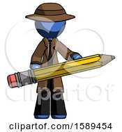 Poster, Art Print Of Blue Detective Man Writer Or Blogger Holding Large Pencil
