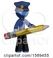 Poster, Art Print Of Blue Police Man Writer Or Blogger Holding Large Pencil