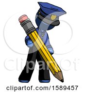Blue Police Man Writing With Large Pencil