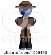 Blue Detective Man Reading Book While Standing Up Facing Viewer