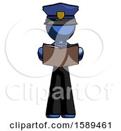 Poster, Art Print Of Blue Police Man Reading Book While Standing Up Facing Viewer
