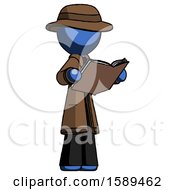 Poster, Art Print Of Blue Detective Man Reading Book While Standing Up Facing Away
