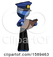 Blue Police Man Reading Book While Standing Up Facing Away