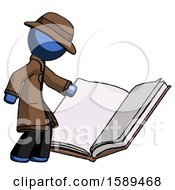 Poster, Art Print Of Blue Detective Man Reading Big Book While Standing Beside It