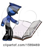 Blue Police Man Reading Big Book While Standing Beside It