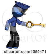 Blue Police Man With Big Key Of Gold Opening Something
