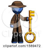 Blue Detective Man Holding Key Made Of Gold