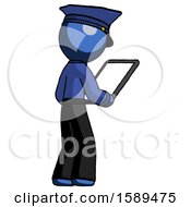 Poster, Art Print Of Blue Police Man Looking At Tablet Device Computer Facing Away