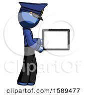 Blue Police Man Show Tablet Device Computer To Viewer Blank Area