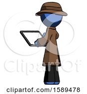 Poster, Art Print Of Blue Detective Man Looking At Tablet Device Computer With Back To Viewer