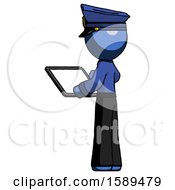 Poster, Art Print Of Blue Police Man Looking At Tablet Device Computer With Back To Viewer