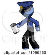 Blue Police Man Begger Holding Can Begging Or Asking For Charity Facing Left