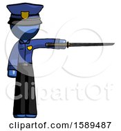 Blue Police Man Standing With Ninja Sword Katana Pointing Right