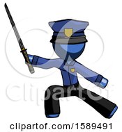 Blue Police Man With Ninja Sword Katana In Defense Pose