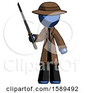 Poster, Art Print Of Blue Detective Man Standing Up With Ninja Sword Katana