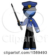 Blue Police Man Standing Up With Ninja Sword Katana