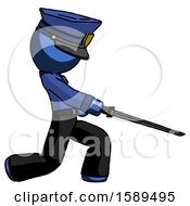 Blue Police Man With Ninja Sword Katana Slicing Or Striking Something