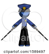 Blue Police Man Posing With Two Ninja Sword Katanas