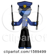 Blue Police Man Posing With Two Ninja Sword Katanas Up