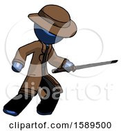 Poster, Art Print Of Blue Detective Man Stabbing With Ninja Sword Katana