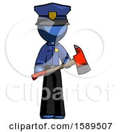 Blue Police Man Holding Red Fire Fighters Ax