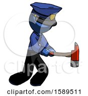 Blue Police Man With Ax Hitting Striking Or Chopping