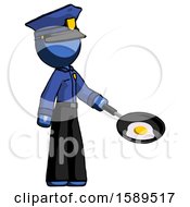 Blue Police Man Frying Egg In Pan Or Wok Facing Right