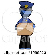 Blue Police Man Holding Box Sent Or Arriving In Mail