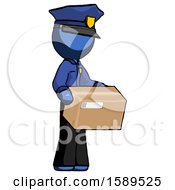 Blue Police Man Holding Package To Send Or Recieve In Mail