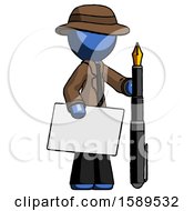 Poster, Art Print Of Blue Detective Man Holding Large Envelope And Calligraphy Pen