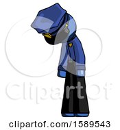 Blue Police Man Depressed With Head Down Turned Left