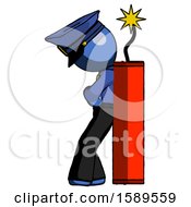 Poster, Art Print Of Blue Police Man Leaning Against Dynimate Large Stick Ready To Blow