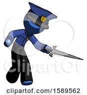 Poster, Art Print Of Blue Police Man Sword Pose Stabbing Or Jabbing