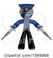 Poster, Art Print Of Blue Police Man Two Sword Defense Pose