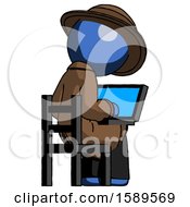Poster, Art Print Of Blue Detective Man Using Laptop Computer While Sitting In Chair View From Back