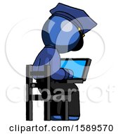 Blue Police Man Using Laptop Computer While Sitting In Chair View From Back