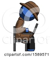 Poster, Art Print Of Blue Detective Man Using Laptop Computer While Sitting In Chair View From Side