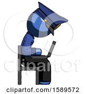 Poster, Art Print Of Blue Police Man Using Laptop Computer While Sitting In Chair View From Side