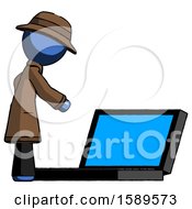 Poster, Art Print Of Blue Detective Man Using Large Laptop Computer Side Orthographic View