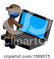 Blue Detective Man Using Large Laptop Computer