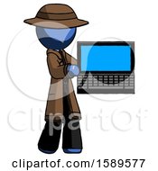 Blue Detective Man Holding Laptop Computer Presenting Something On Screen