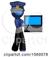 Blue Police Man Holding Laptop Computer Presenting Something On Screen