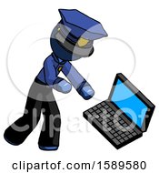 Blue Police Man Throwing Laptop Computer In Frustration