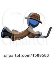 Poster, Art Print Of Blue Detective Man Using Laptop Computer While Lying On Floor Side View