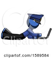Poster, Art Print Of Blue Police Man Using Laptop Computer While Lying On Floor Side View